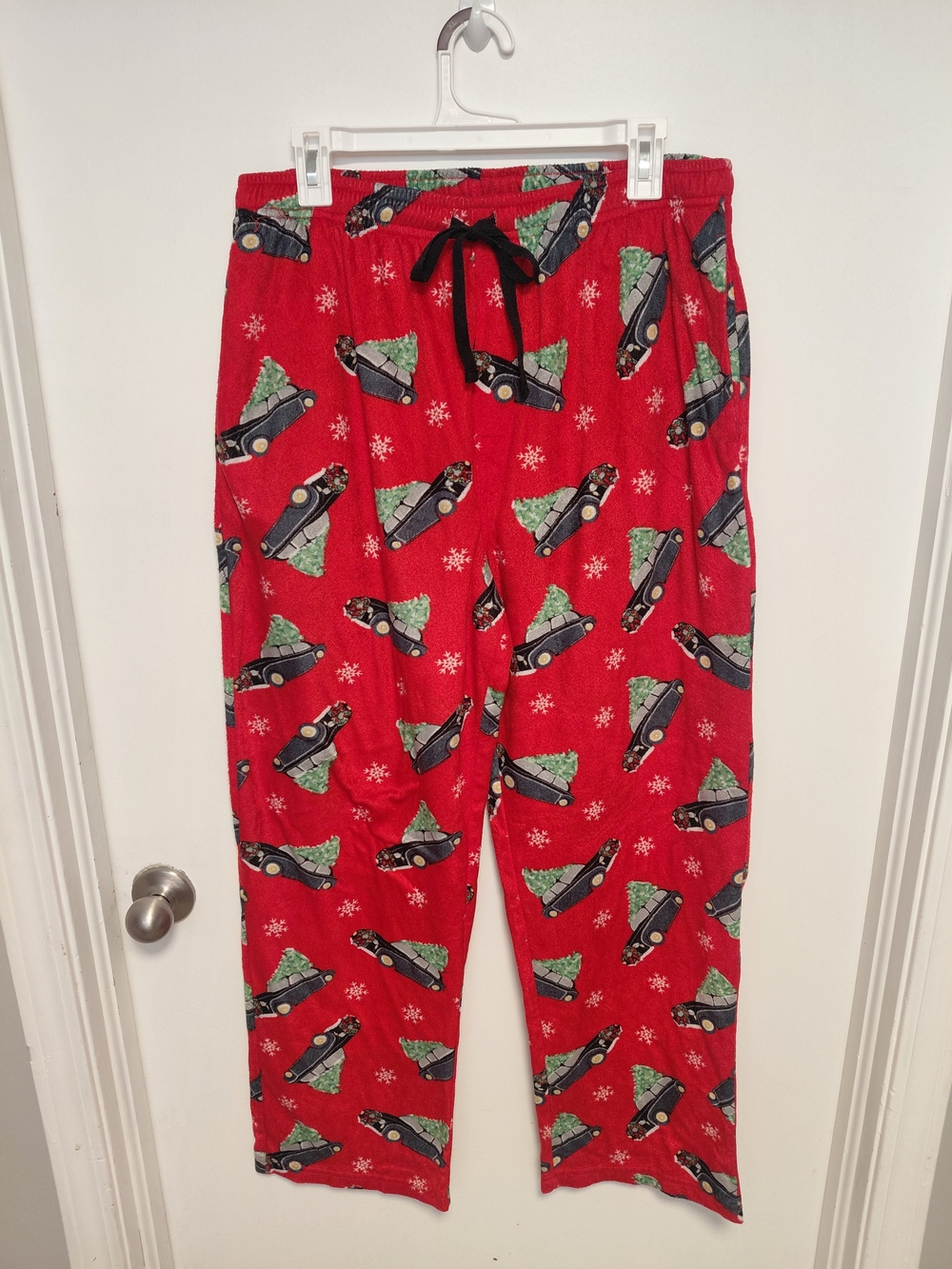 Weatherproof Red Holiday Car-Print Pajama Pants with Black Drawstring
